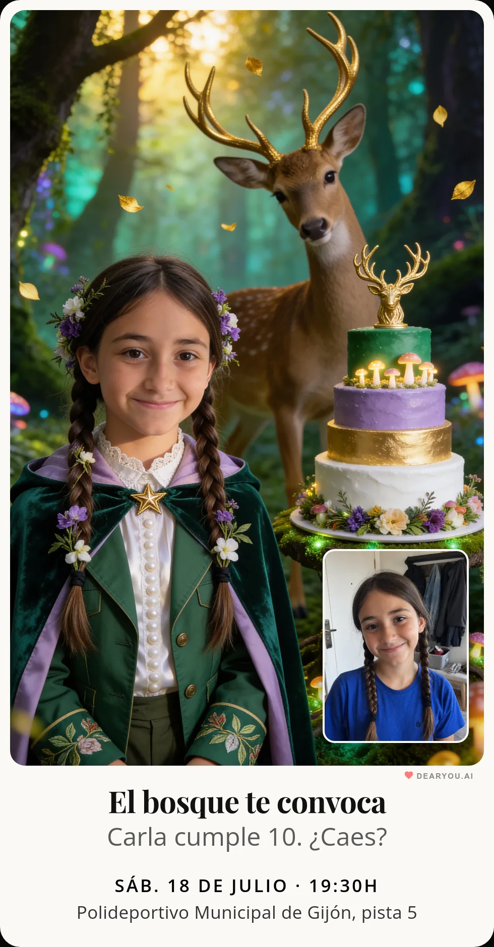 Invitación de cumpleaños para WhatsApp con temática de bosque encantado
