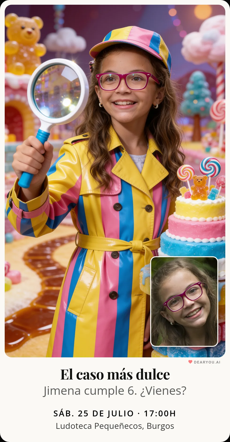 Invitación de cumpleaños creada para WhatsApp con temática de detectives