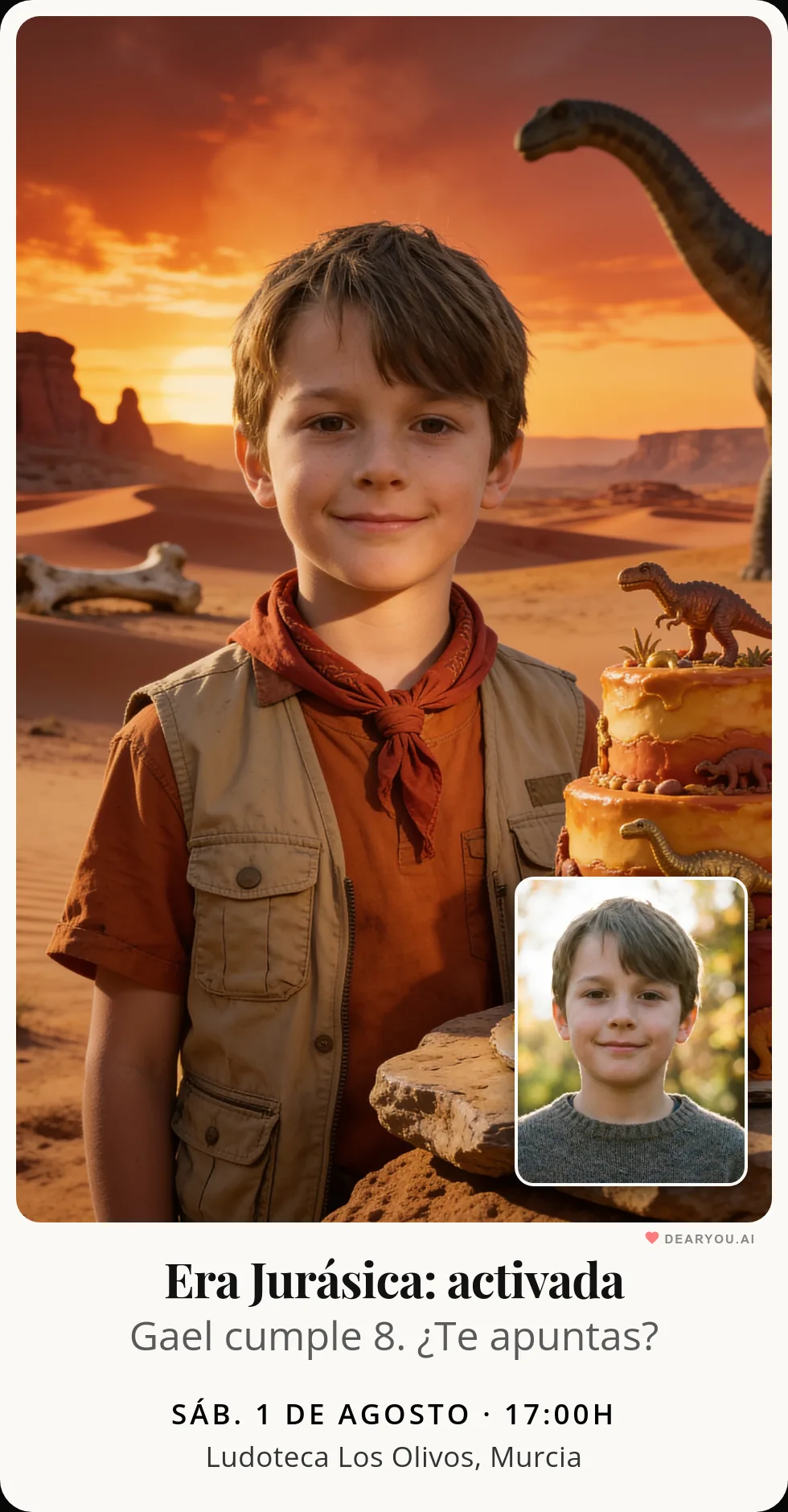 Invitación de cumpleaños de dinosaurios lista para enviar por WhatsApp