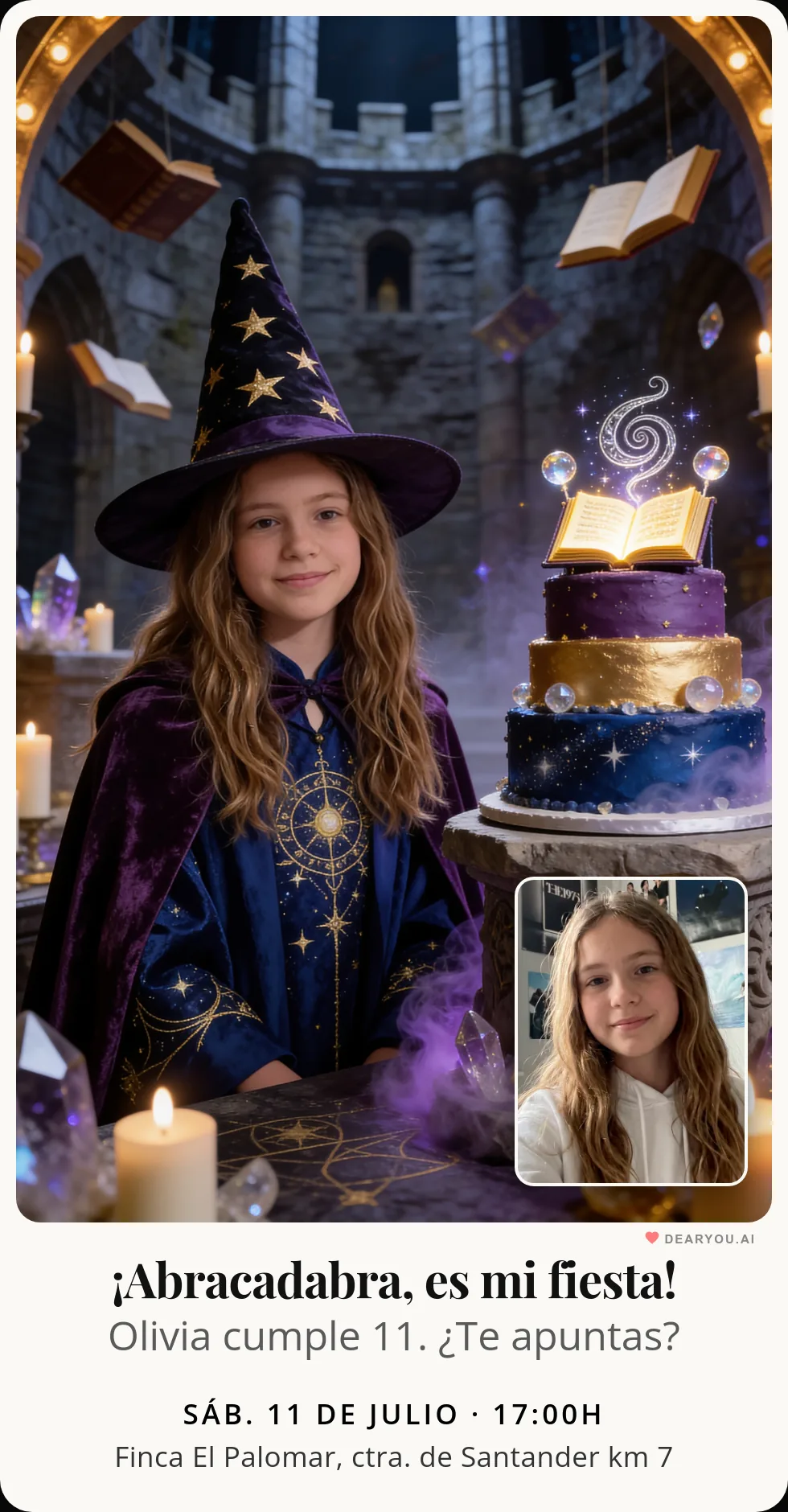 Invitación de cumpleaños para WhatsApp con temática de magia y hechizos