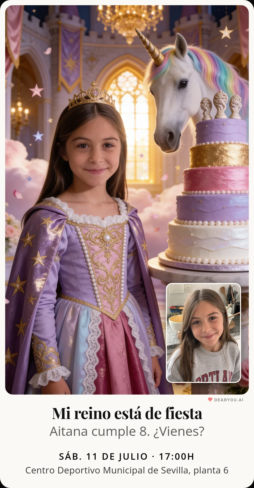 Invitación de cumpleaños de princesa y unicornio en formato vertical