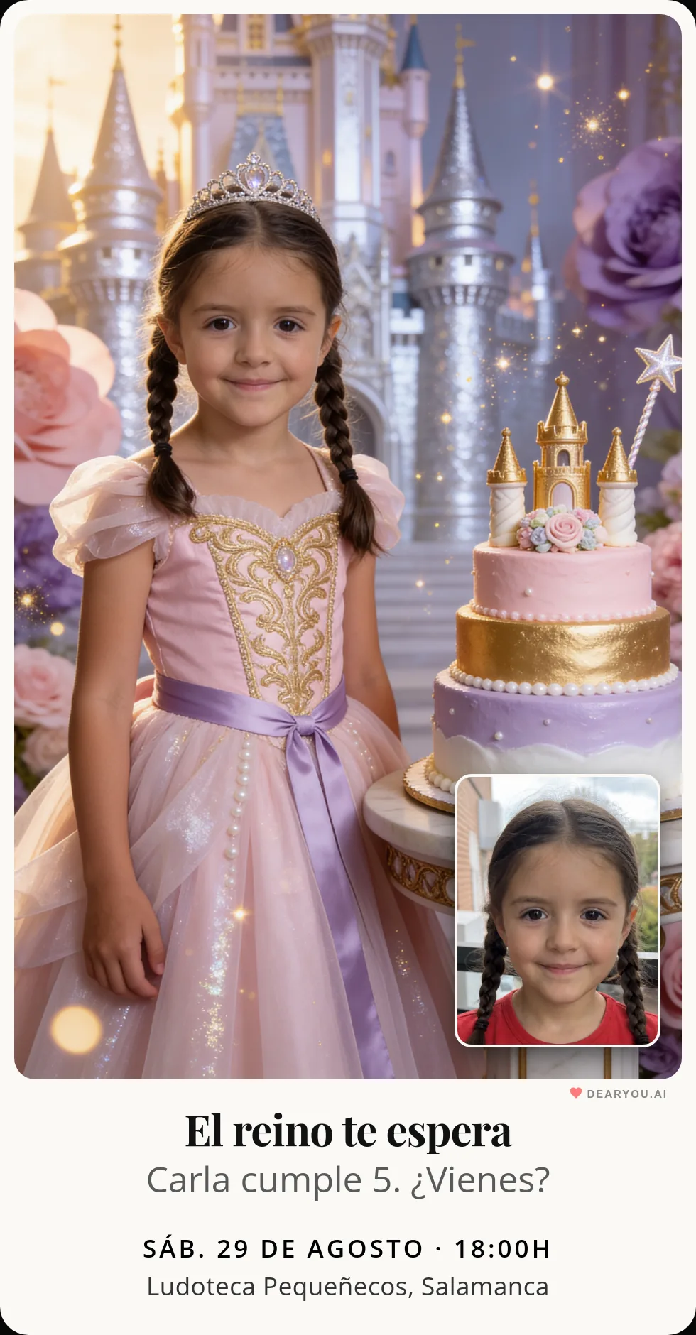 Invitación de cumpleaños infantil con globos y confeti en tonos cálidos