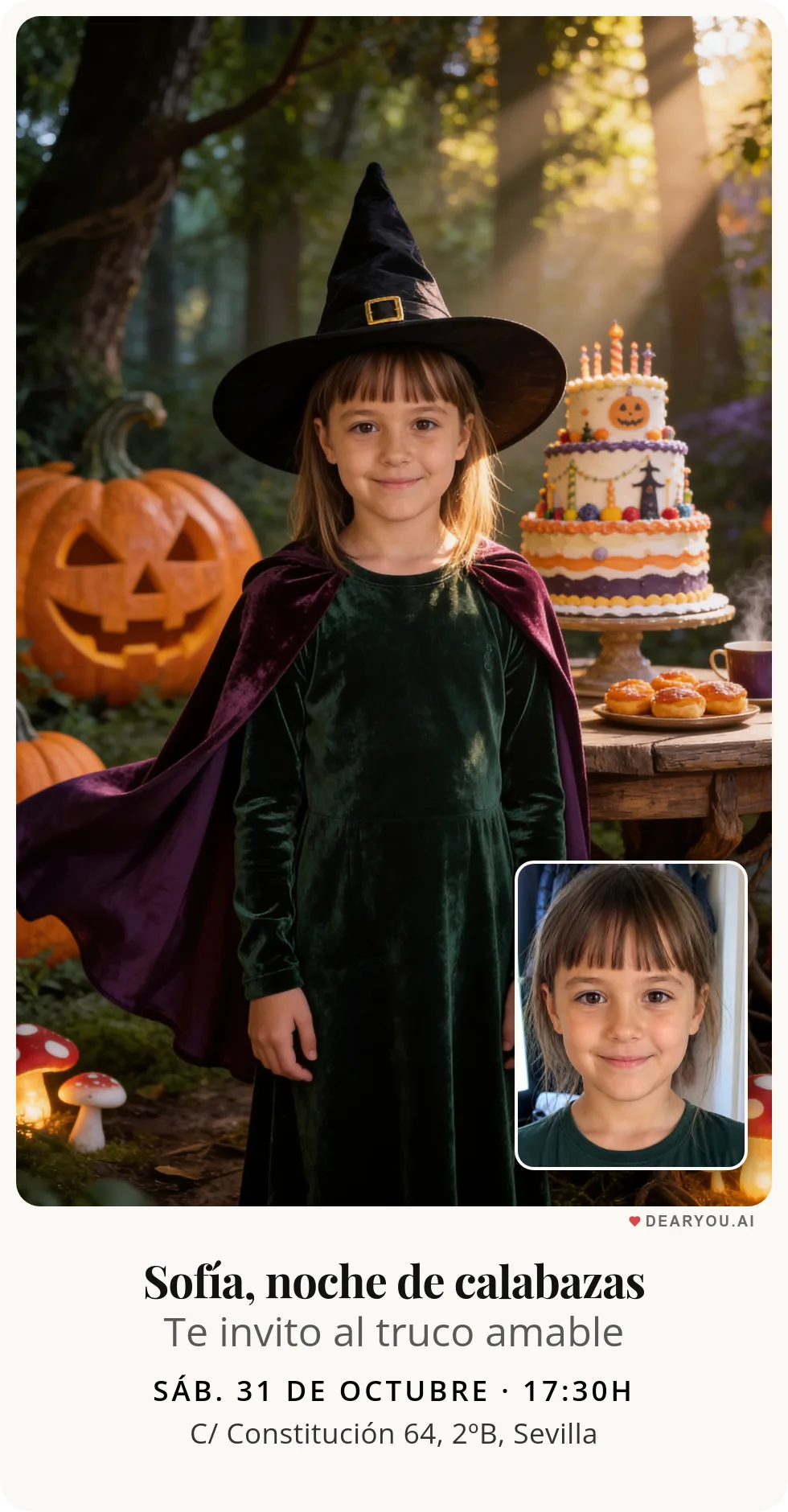 Invitación de cumpleaños infantil personalizada con nombre y edad, temática de brujita merendando con sus amigas del bosque