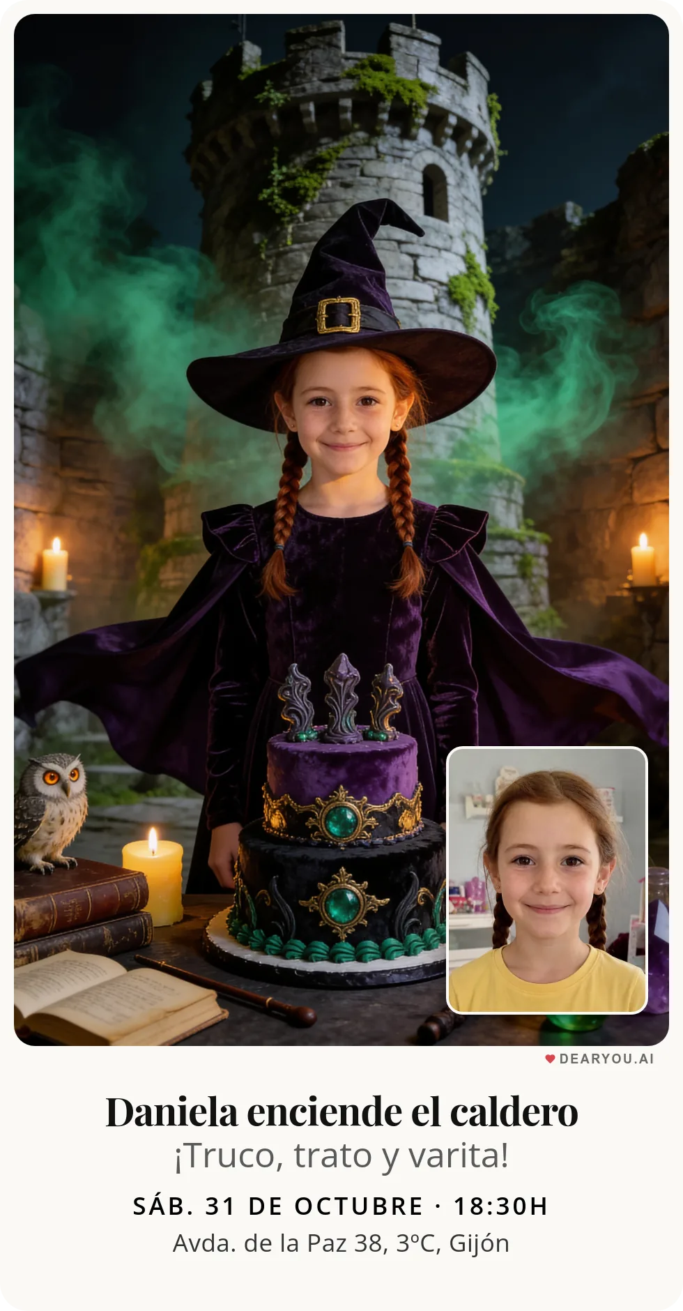 Invitación de cumpleaños infantil personalizada con nombre y edad, temática de brujita y su búho en la torre
