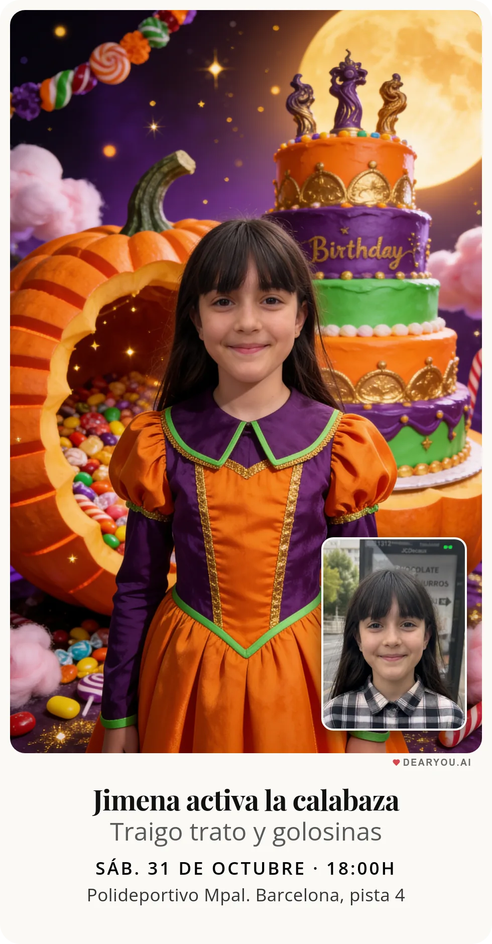 Invitación de cumpleaños infantil personalizada con nombre y edad, temática de calabaza mágica rellena de golosinas