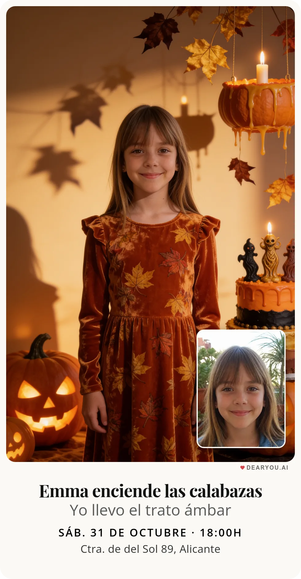 Invitación de cumpleaños infantil personalizada con nombre y edad, temática de calabaza tallada entre hojas secas