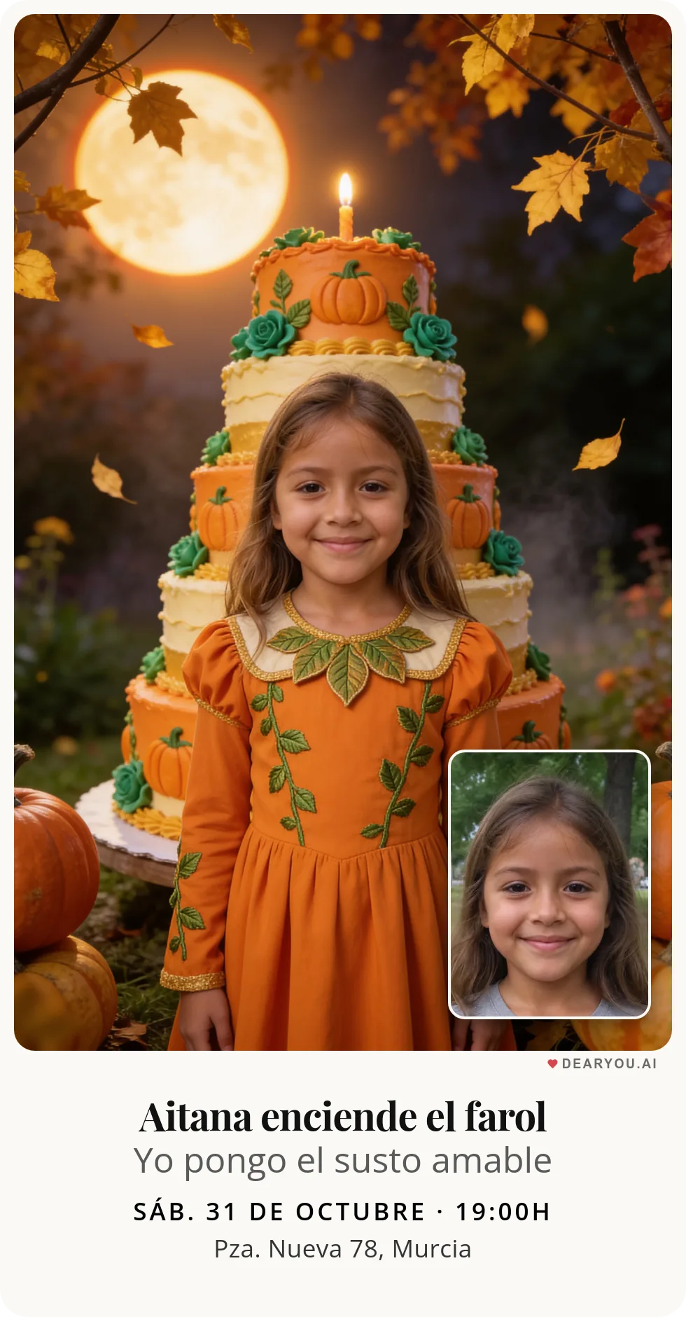 Invitación de cumpleaños infantil personalizada con nombre y edad, temática de calabaza y tarta de dos pisos