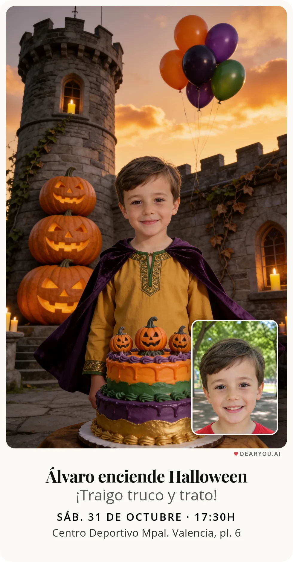 Invitación de cumpleaños infantil personalizada con nombre y edad, temática de torre de las tres calabazas con globos