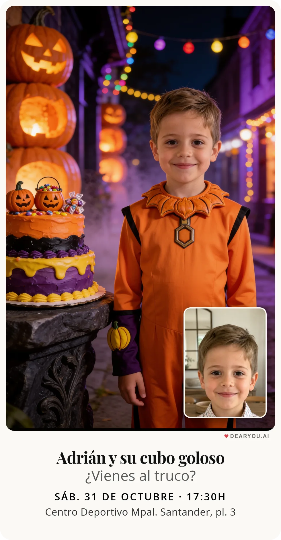Invitación de cumpleaños infantil personalizada con nombre y edad, temática de cubo de truco o trato lleno de chuches