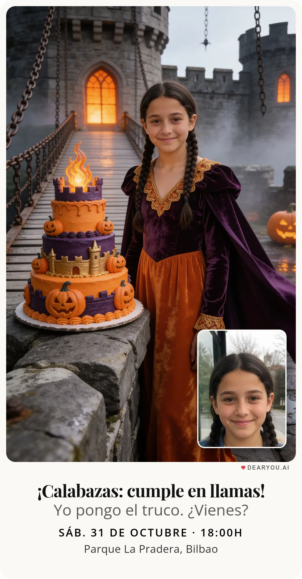 Invitación de cumpleaños infantil, temática de calabazas encendidas en el puente levadizo del castillo