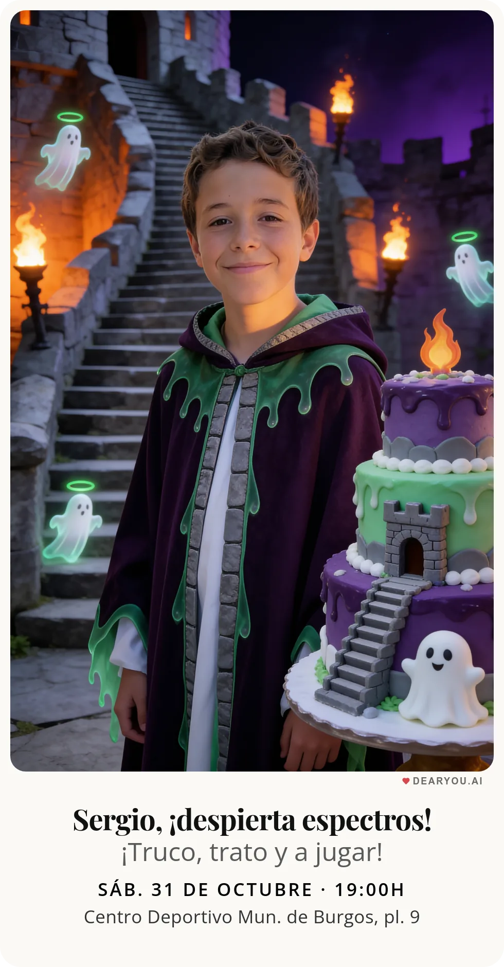 Invitación de cumpleaños infantil personalizada con nombre y edad, temática de fantasmitas en la escalera del castillo