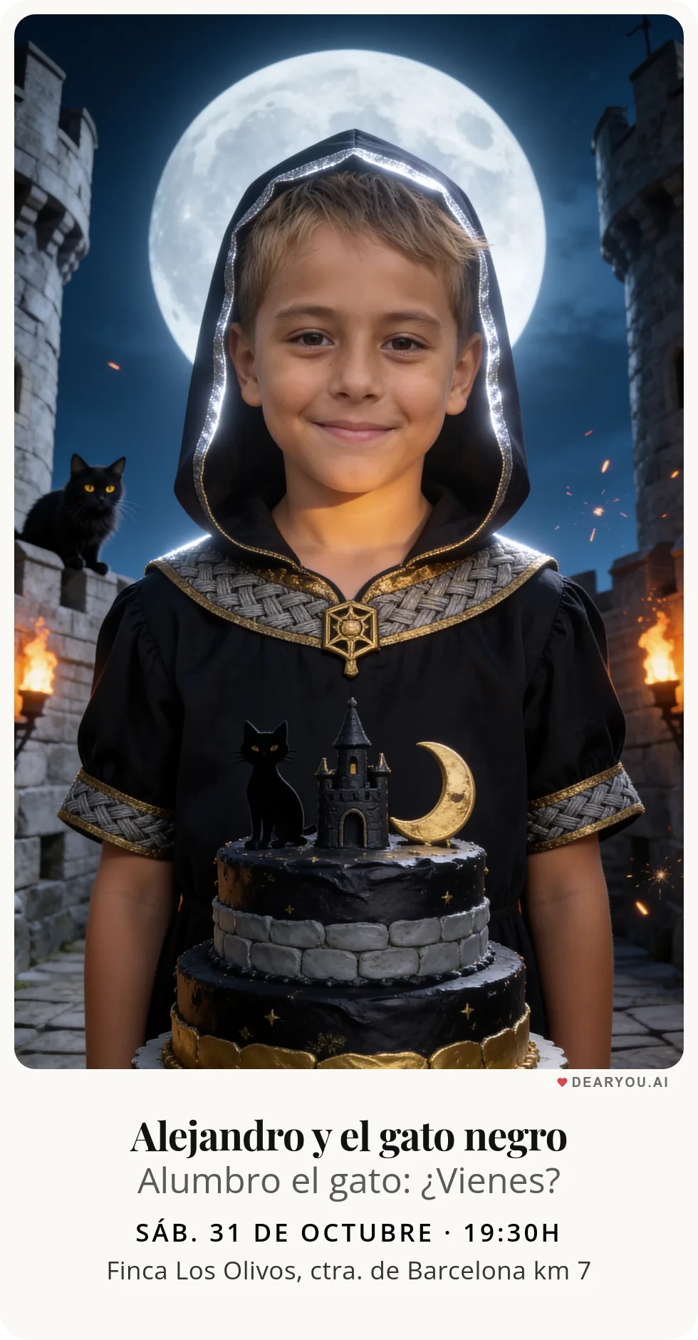 Invitación de cumpleaños infantil personalizada con nombre y edad, temática de gato negro en las almenas del castillo