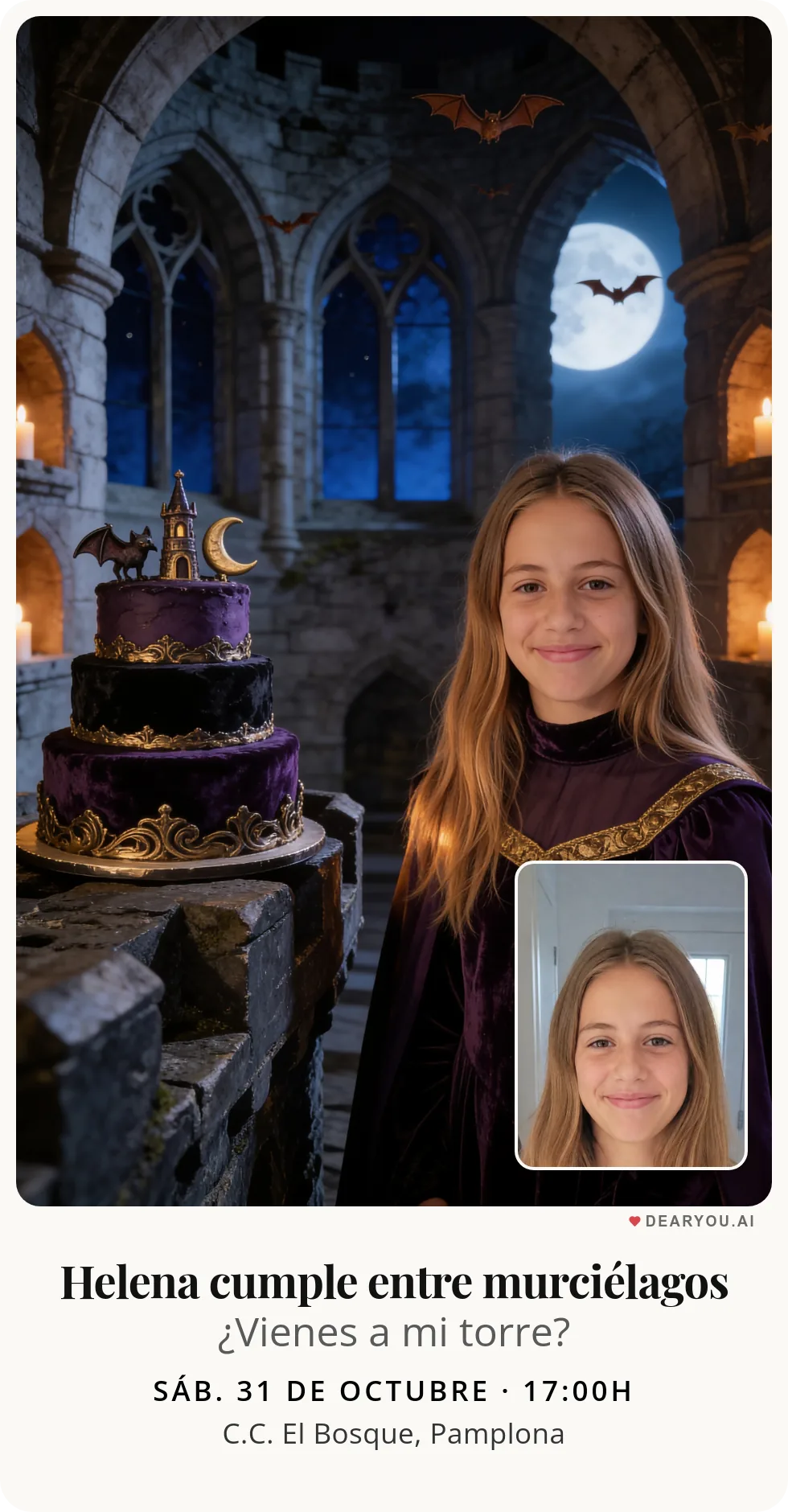 Invitación de cumpleaños infantil personalizada con nombre y edad, temática de murciélagos amigos en la torre del castillo