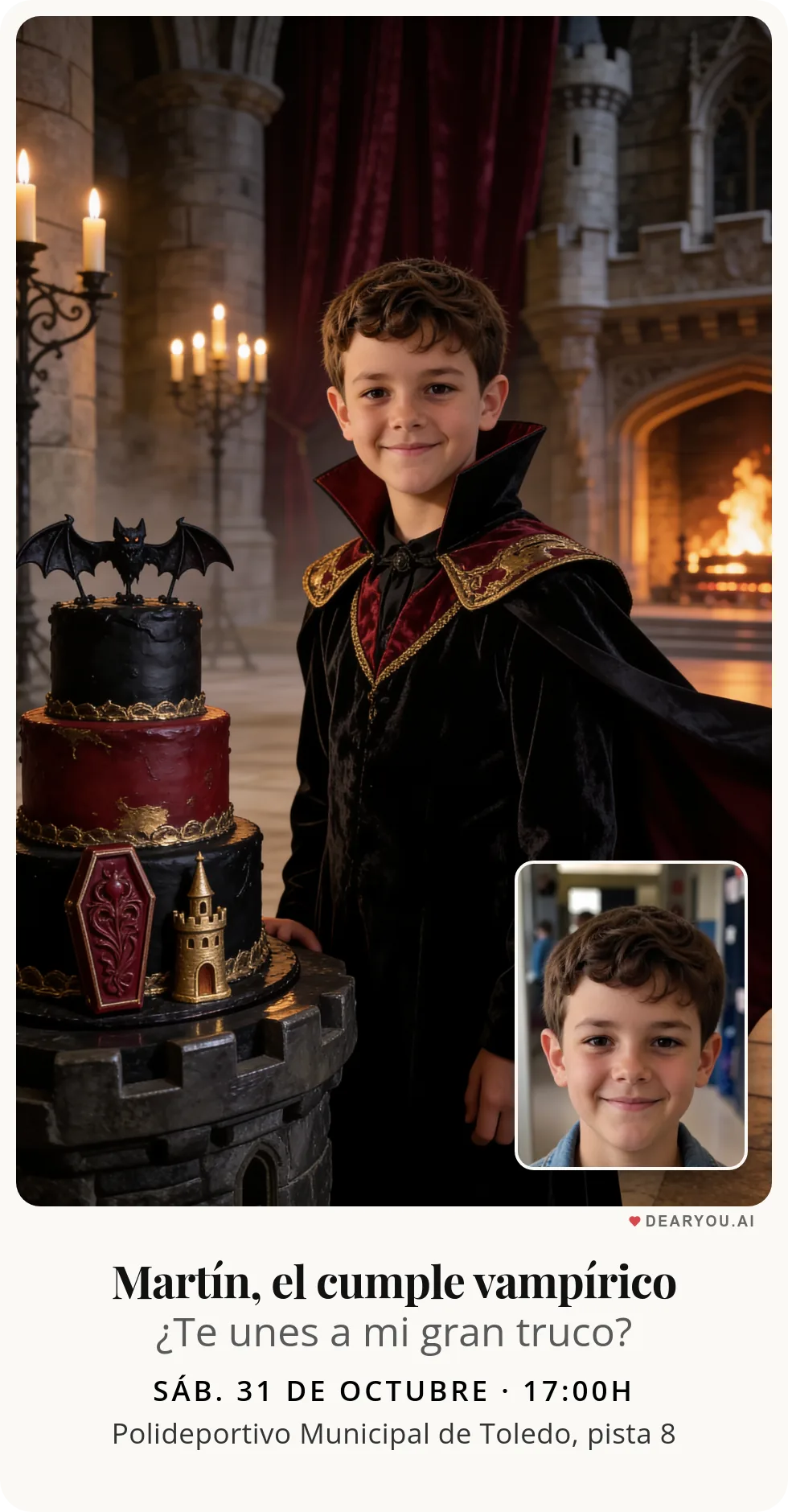 Invitación de cumpleaños infantil personalizada con nombre y edad, temática de vampiro en el gran salón del castillo