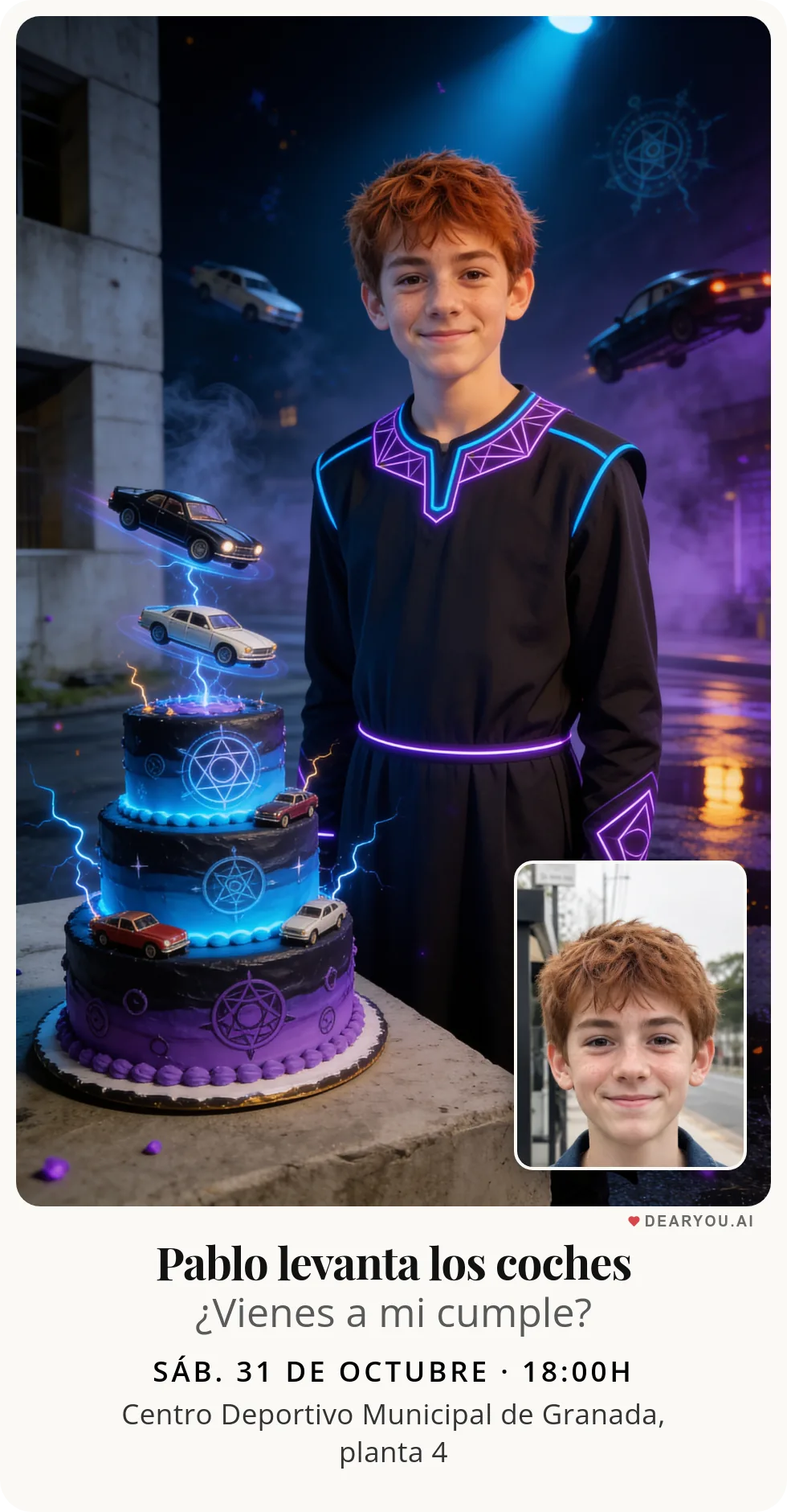 Invitación de cumpleaños infantil personalizada con nombre y edad, temática de hechicero urbano levantando coches en la calle