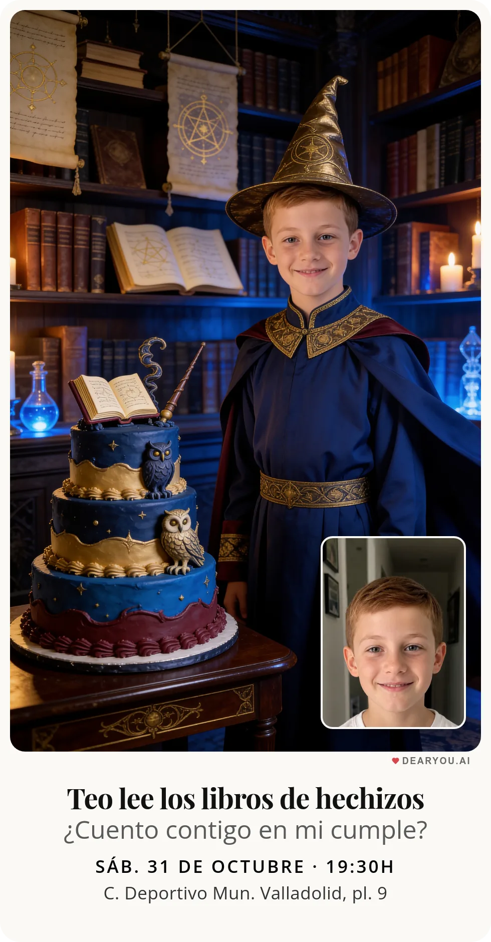 Invitación de cumpleaños infantil personalizada con nombre y edad, temática de mago medieval en la biblioteca de hechizos