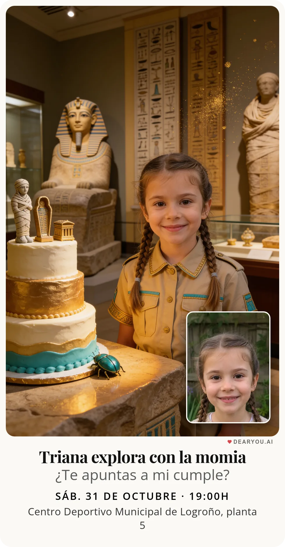 Invitación de cumpleaños infantil personalizada con nombre y edad, temática de momia simpática en el museo