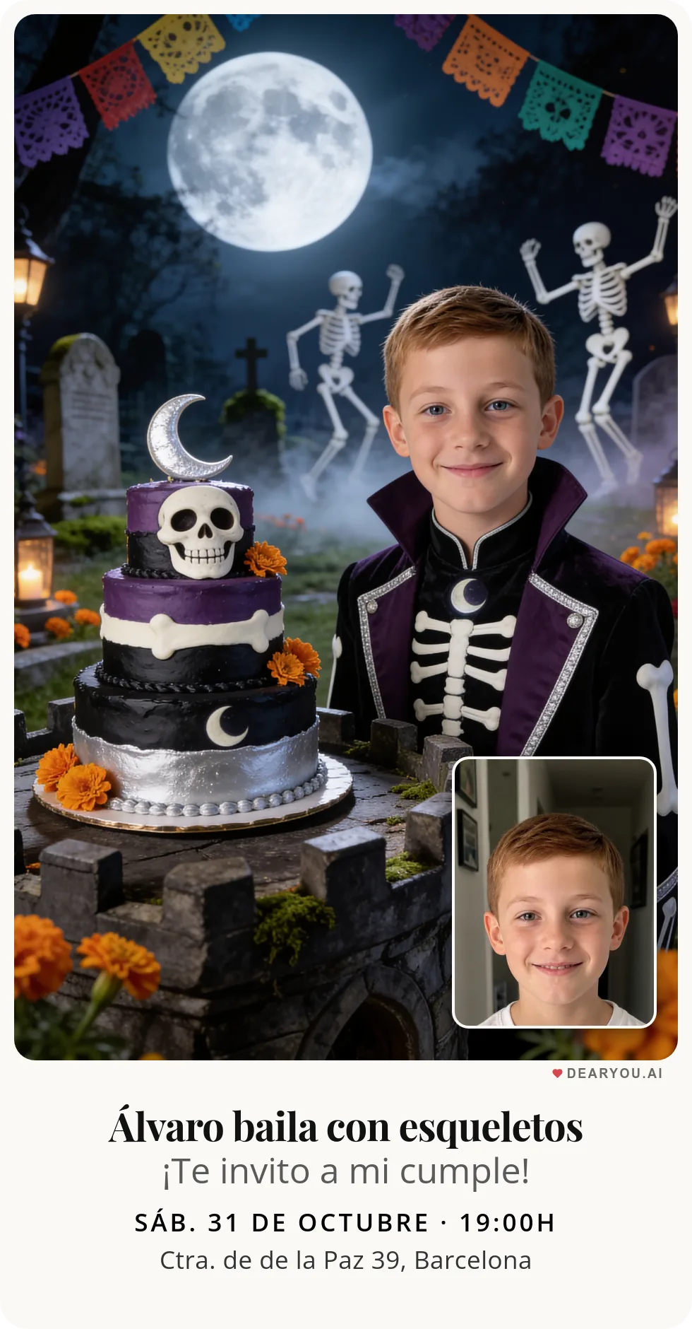 Invitación de cumpleaños infantil personalizada con nombre y edad, temática de baile con esqueletos simpáticos bajo la luna