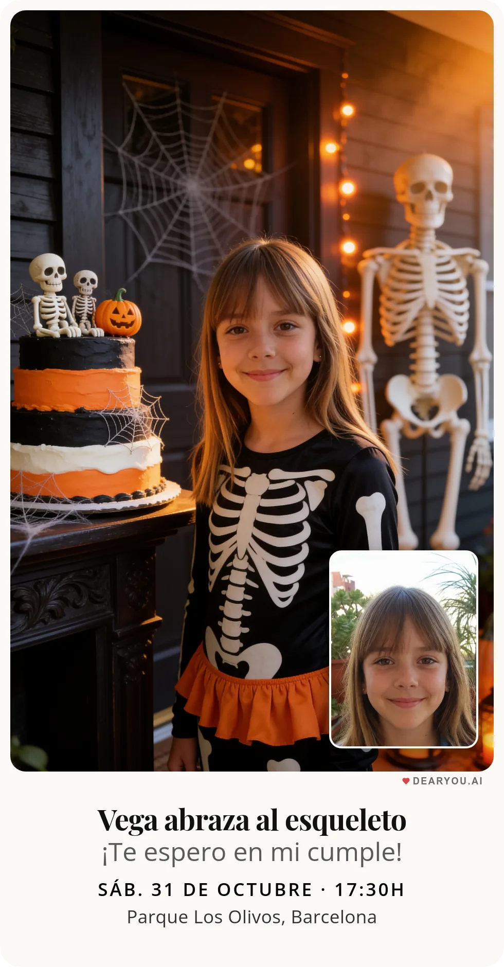 Invitación de cumpleaños infantil personalizada con nombre y edad, temática de esqueleto simpático en la puerta de casa