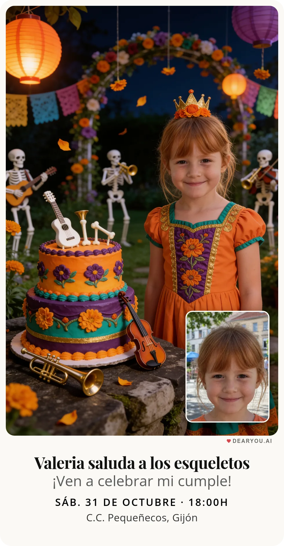 Invitación de cumpleaños infantil, temática de esqueletos músicos en el jardín de los farolillos