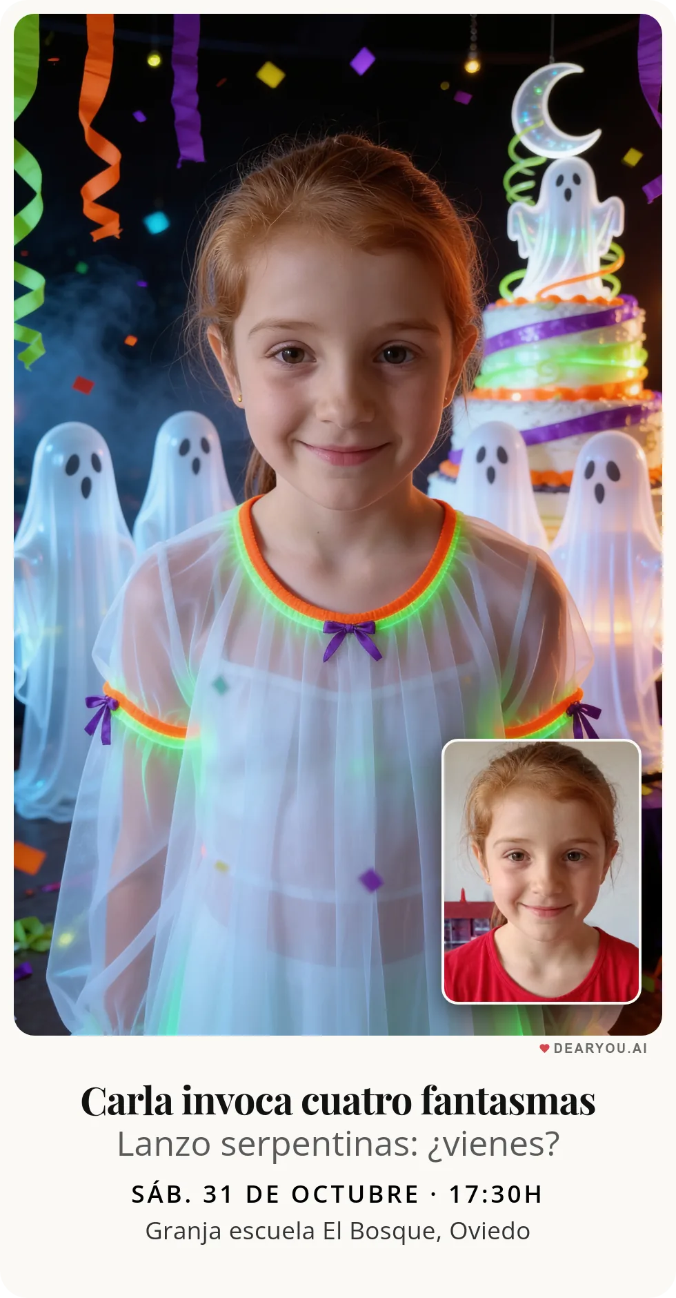 Invitación de cumpleaños infantil personalizada con nombre y edad, temática de cuatro fantasmas con serpentinas