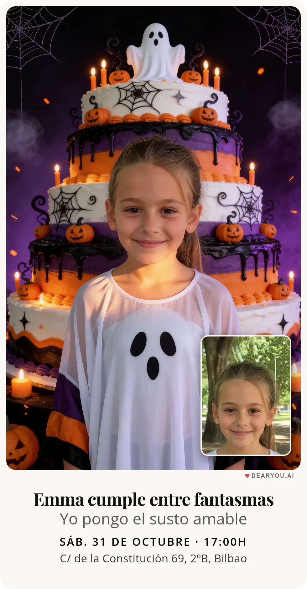 Invitación de cumpleaños infantil personalizada con nombre y edad, temática de disfraz de fantasma y tarta de cumpleaños