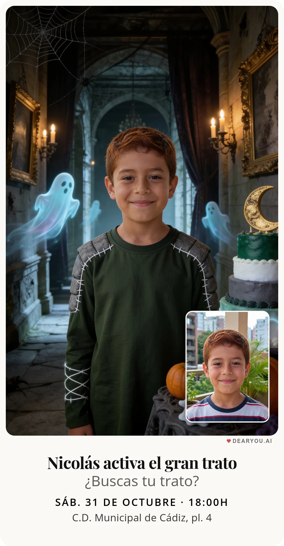 Invitación de cumpleaños infantil personalizada con nombre y edad, temática de escondite en la mansión encantada