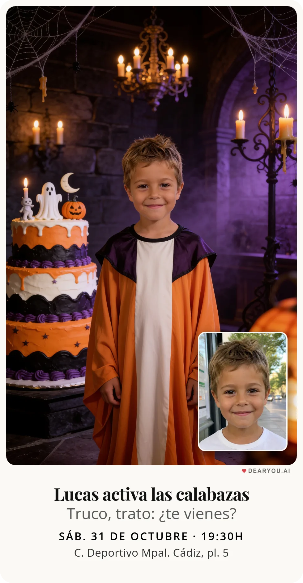 Invitación de cumpleaños infantil personalizada con nombre y edad, temática de fantasma con sábana naranja
