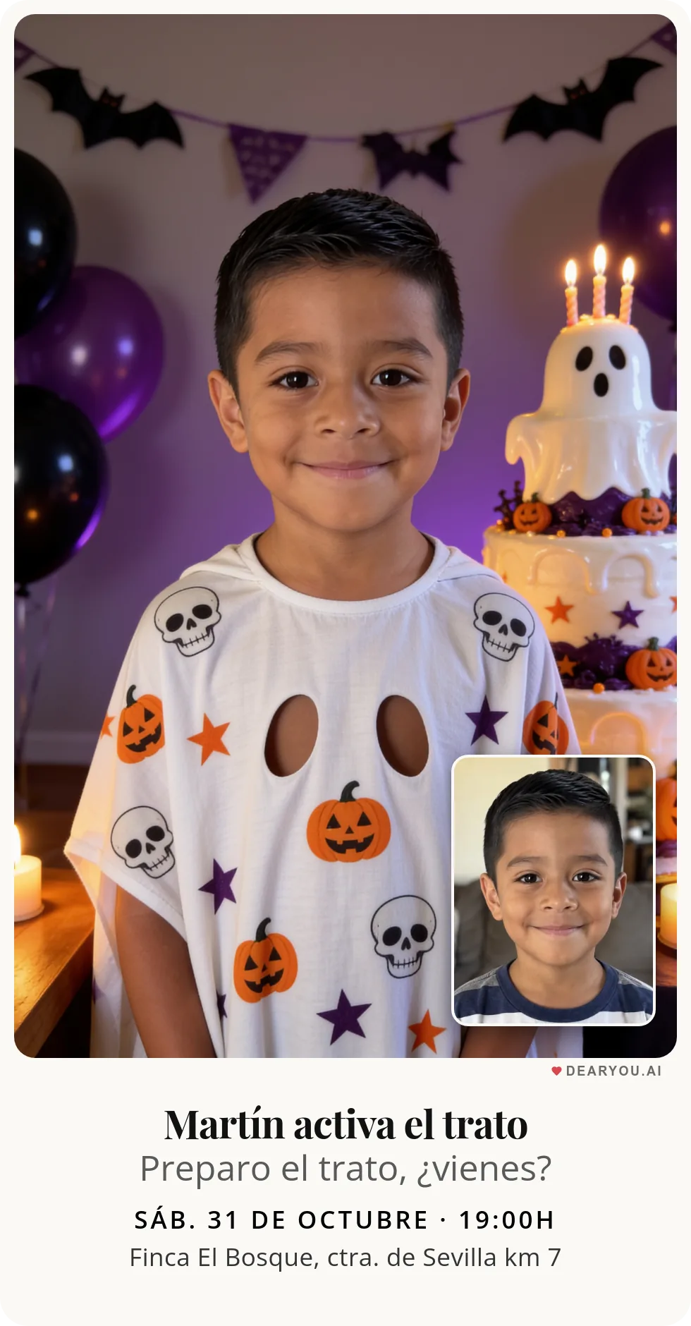 Invitación de cumpleaños infantil personalizada con nombre y edad, temática de fantasma de sábana estampada