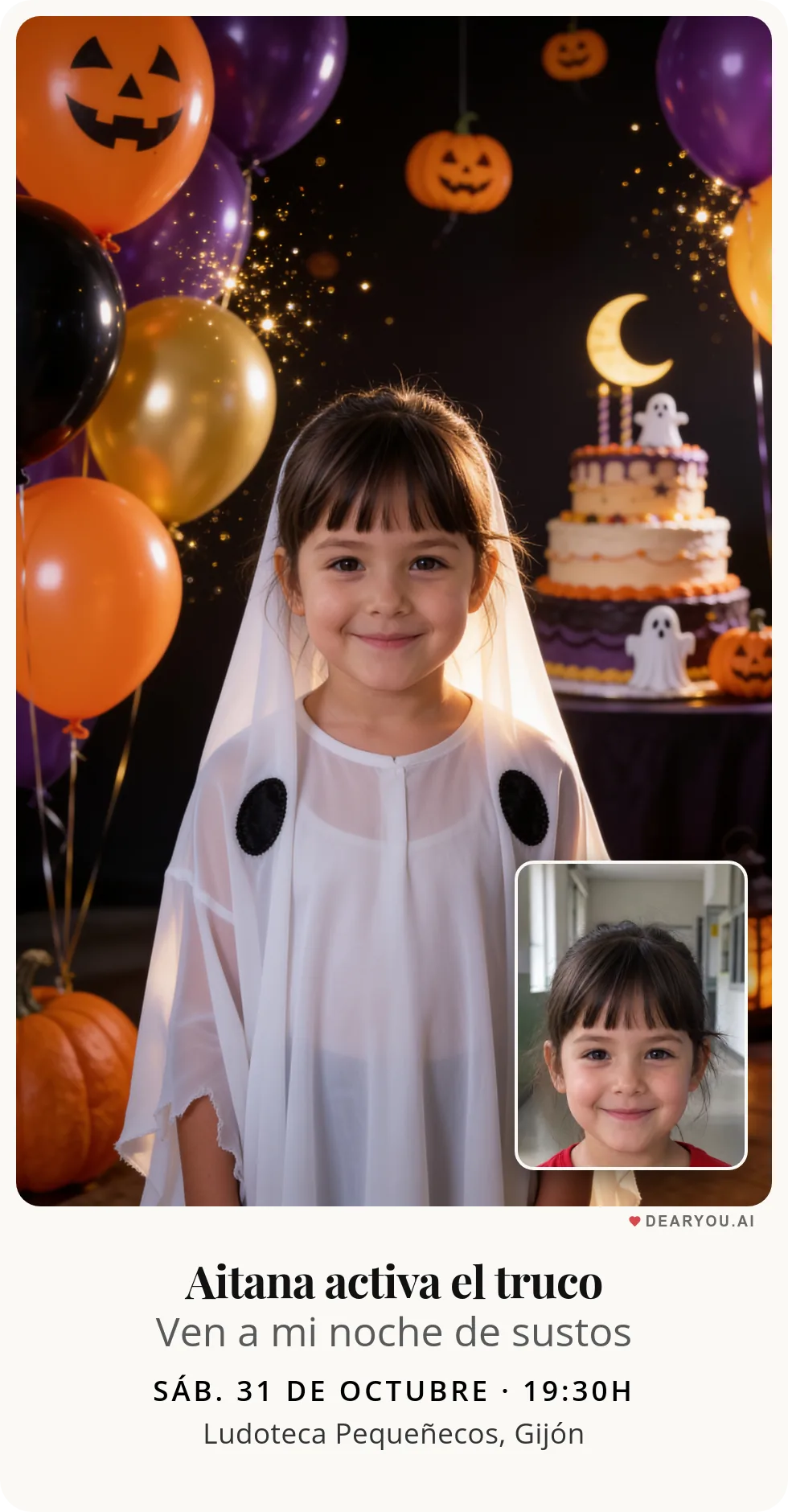 Invitación de cumpleaños infantil personalizada con nombre y edad, temática de fantasmas y globos de halloween