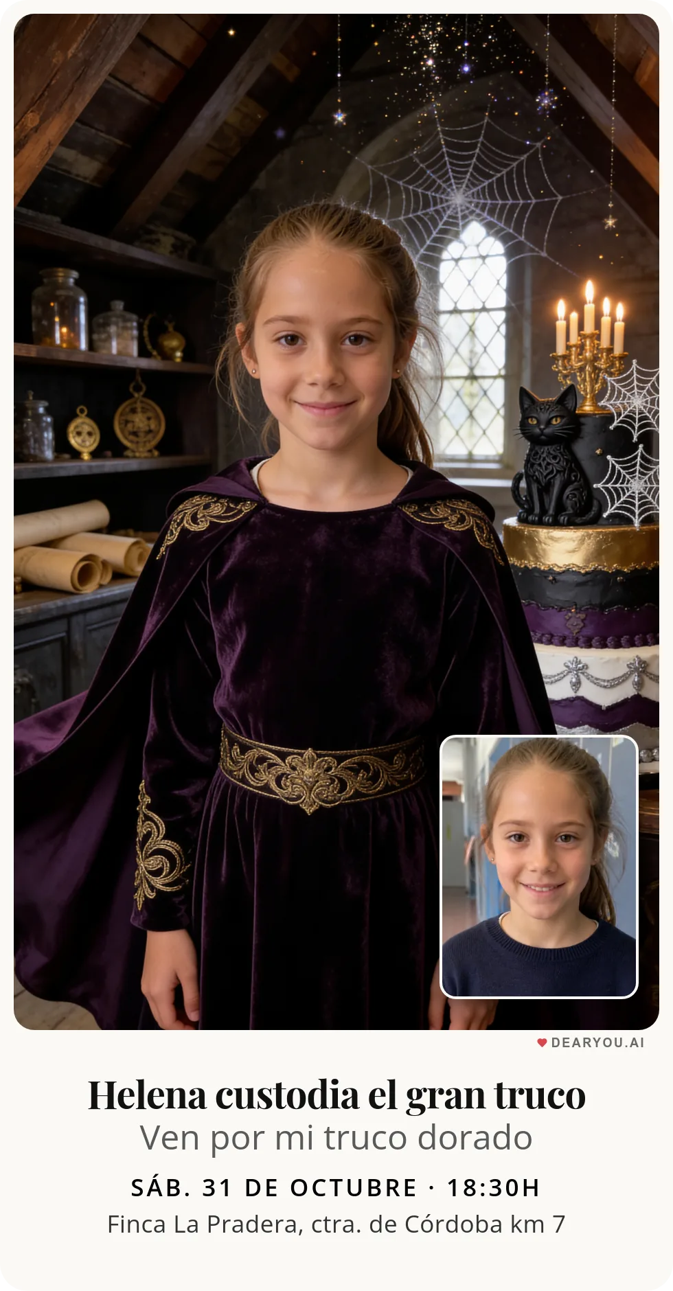 Invitación de cumpleaños infantil personalizada con nombre y edad, temática de guardiana del gato negro sagrado del desván