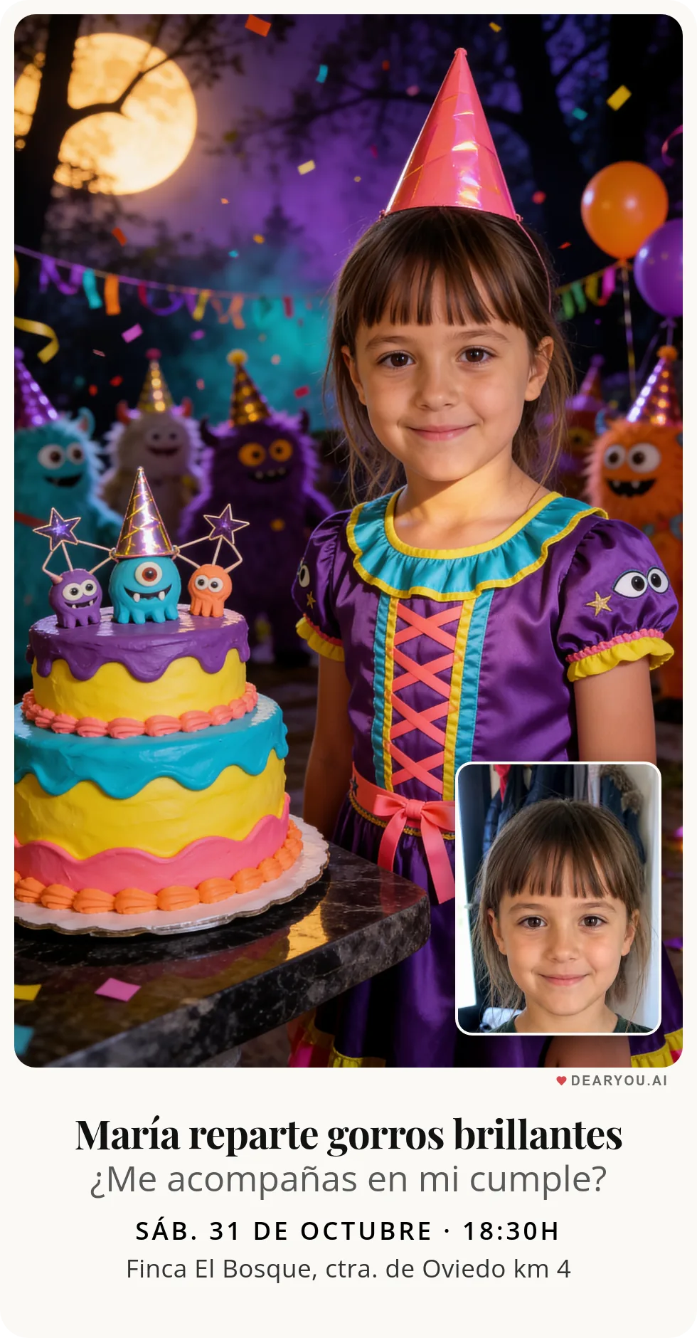Invitación de cumpleaños infantil personalizada con nombre y edad, temática de desfile de monstruitos con gorros de fiesta