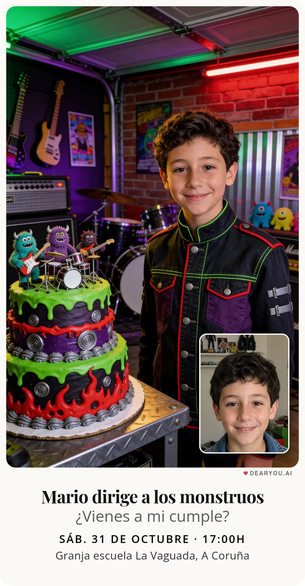 Invitación de cumpleaños infantil personalizada con nombre y edad, temática de banda de monstruitos tocando en el garaje