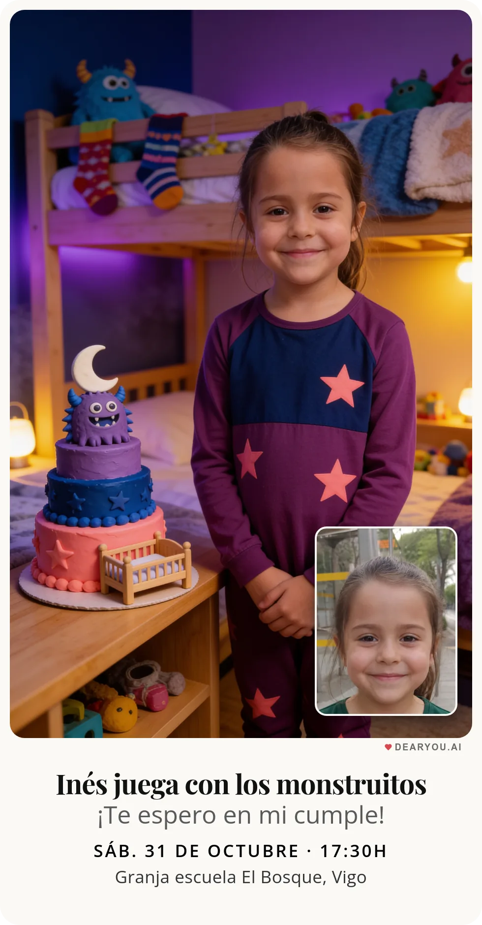 Invitación de cumpleaños infantil personalizada con nombre y edad, temática de fiesta de monstruitos debajo de la cama