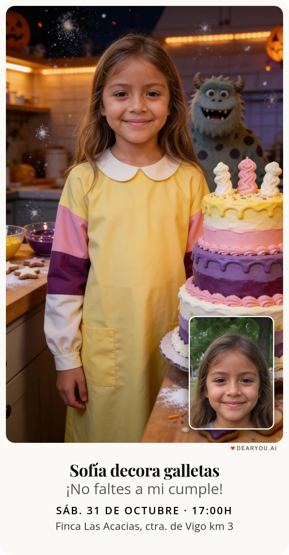 Invitación de cumpleaños infantil personalizada con nombre y edad, temática de monstruita de lunares decorando galletas
