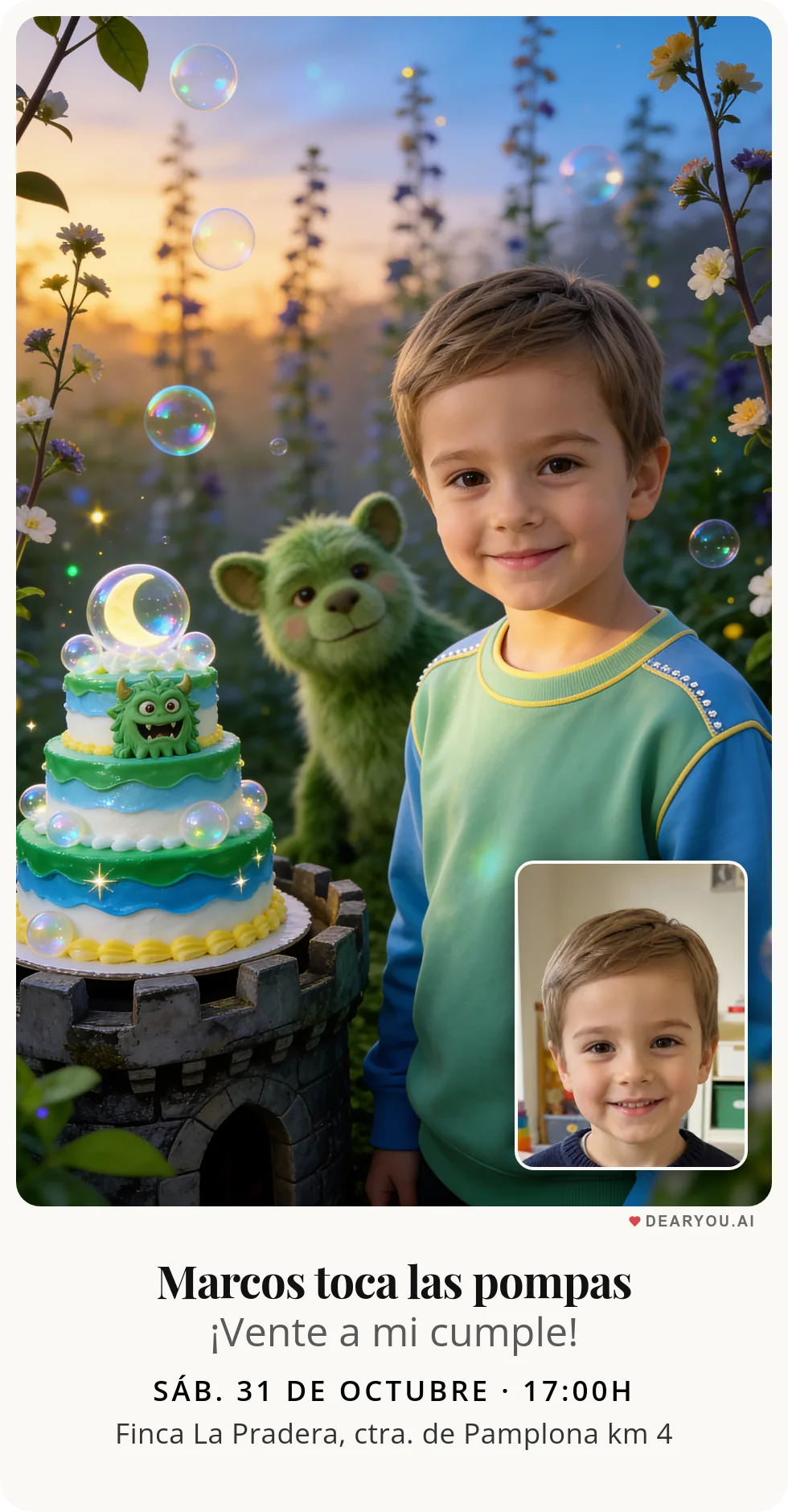 Invitación de cumpleaños infantil personalizada con nombre y edad, temática de monstruito verde haciendo pompas de jabón