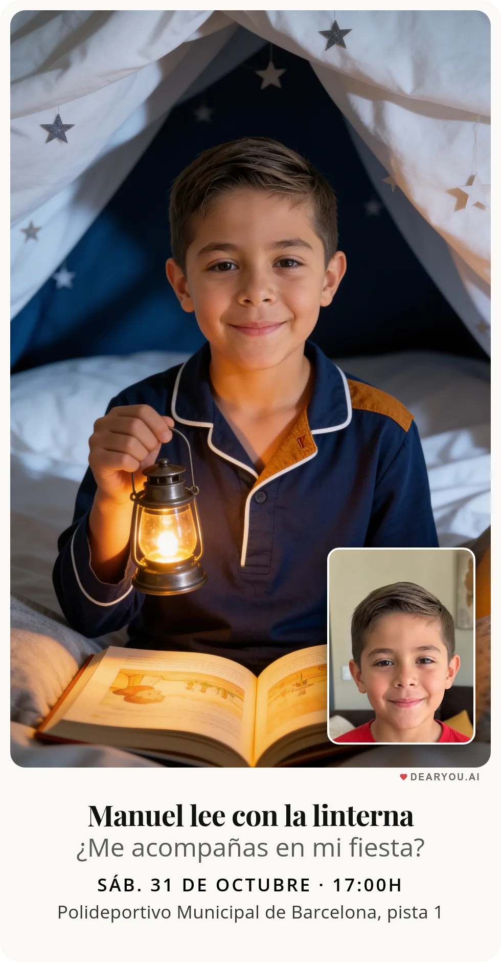 Invitación de cumpleaños infantil personalizada con nombre y edad, temática de cuentos a la luz de la linterna bajo la sábana