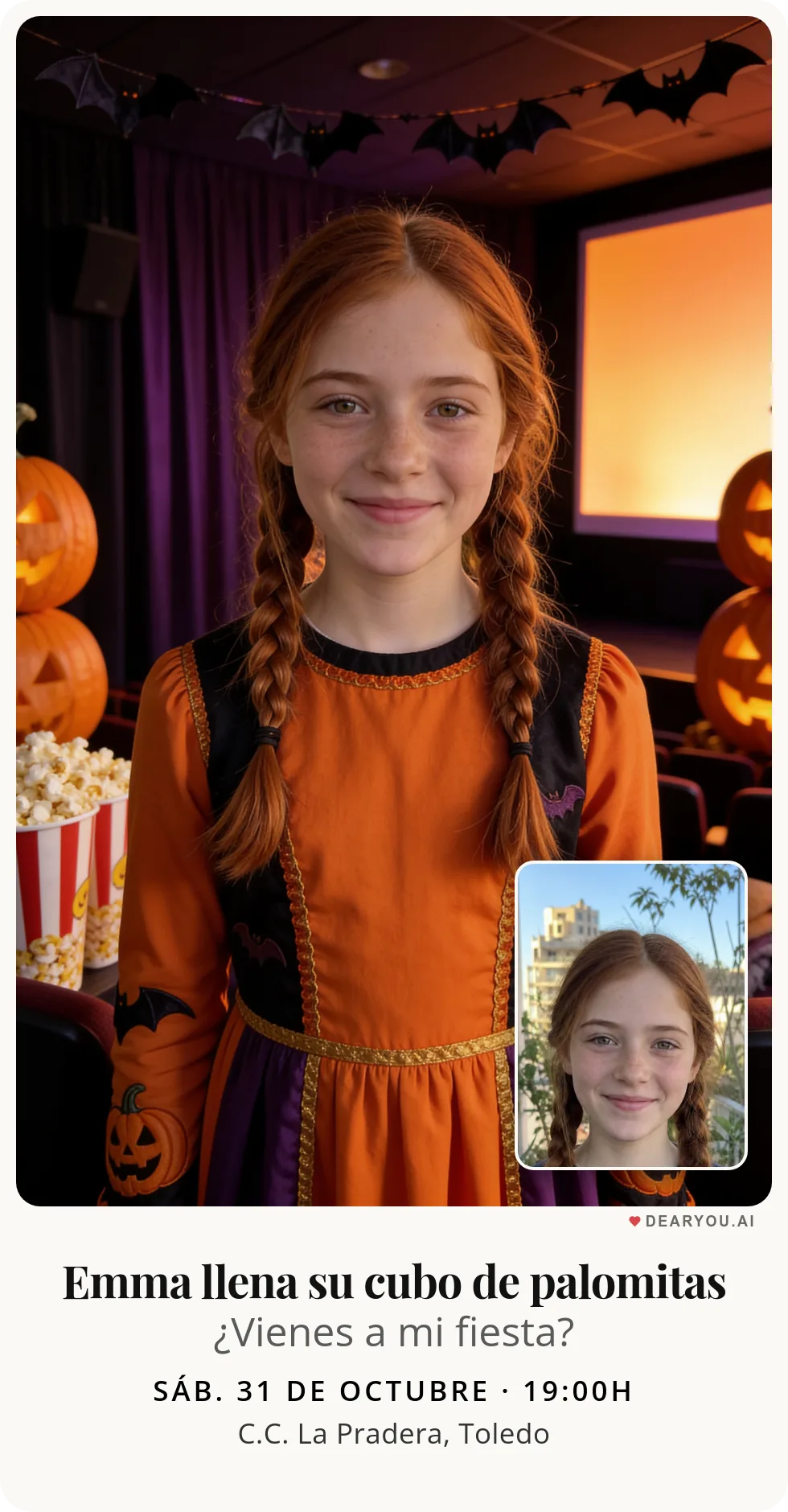 Invitación de cumpleaños infantil personalizada con nombre y edad, temática de maratón de pelis de Halloween con palomitas