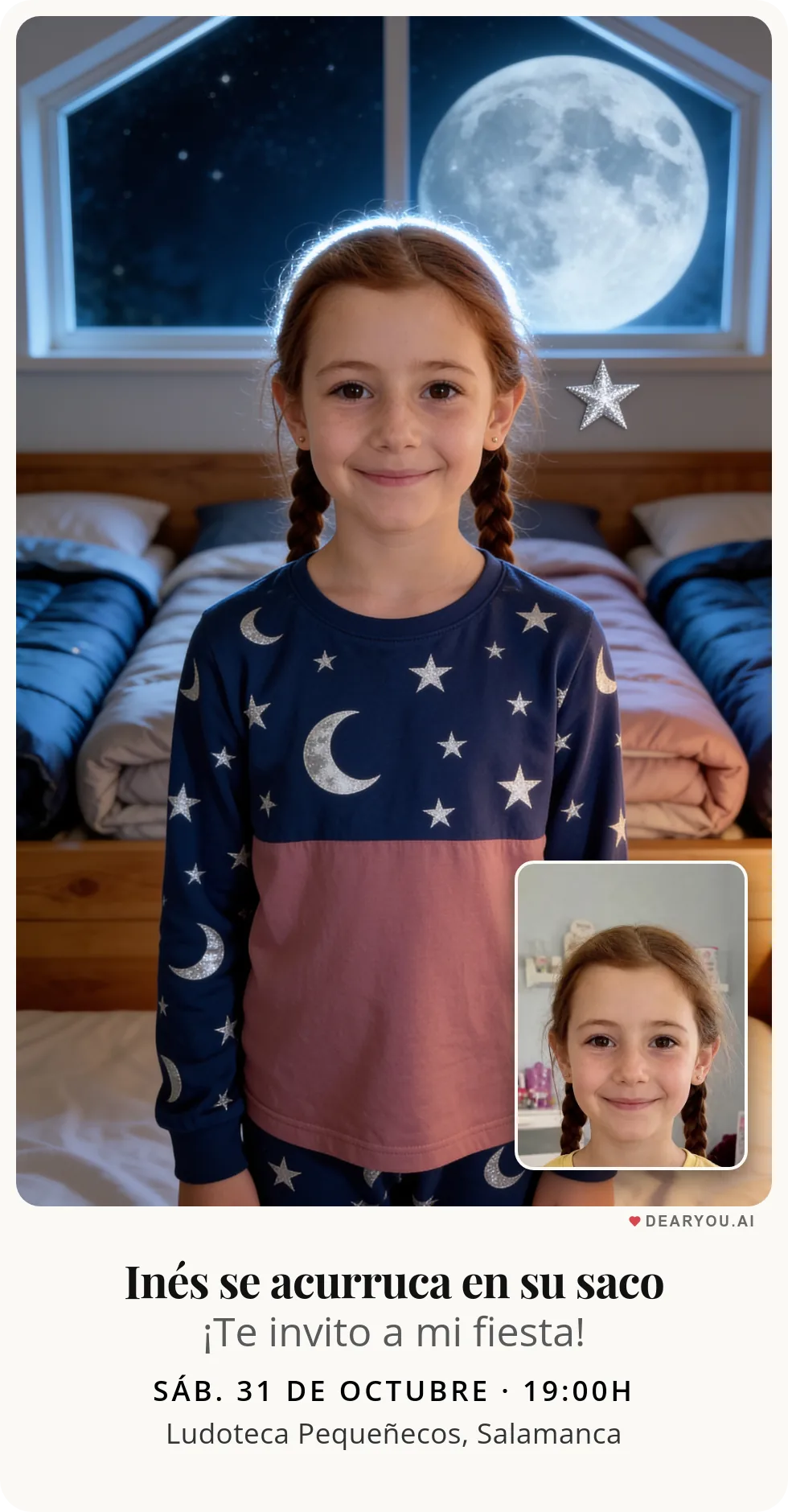Invitación de cumpleaños infantil, temática de sacos de dormir en fila junto a la ventana de la luna