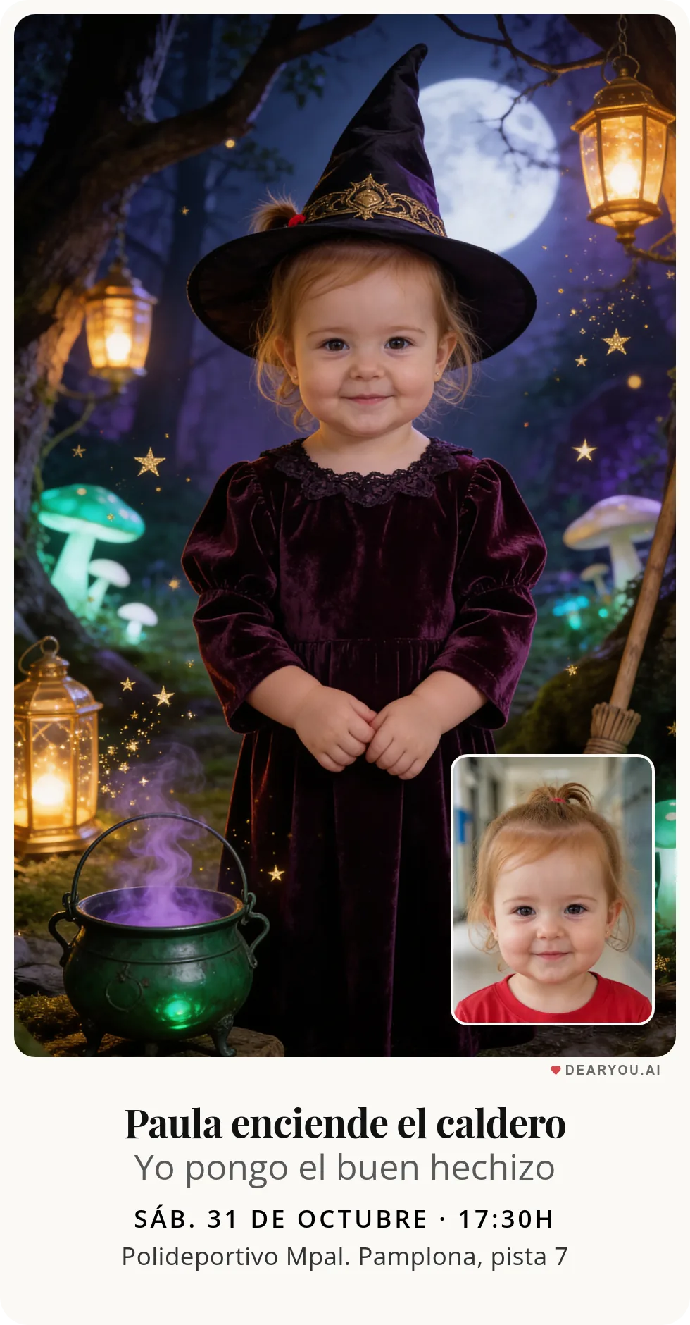 Invitación de cumpleaños infantil personalizada con nombre y edad, temática de bruja buena del bosque mágico