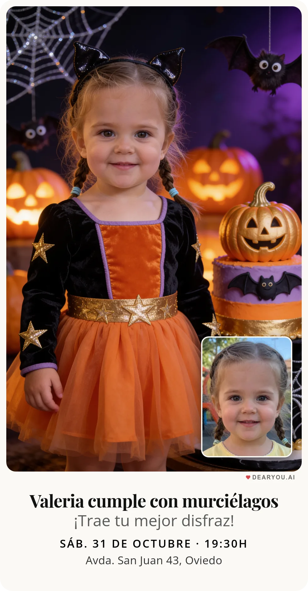 Invitación de cumpleaños infantil, temática de halloween de cumpleaños con murciélagos amigables