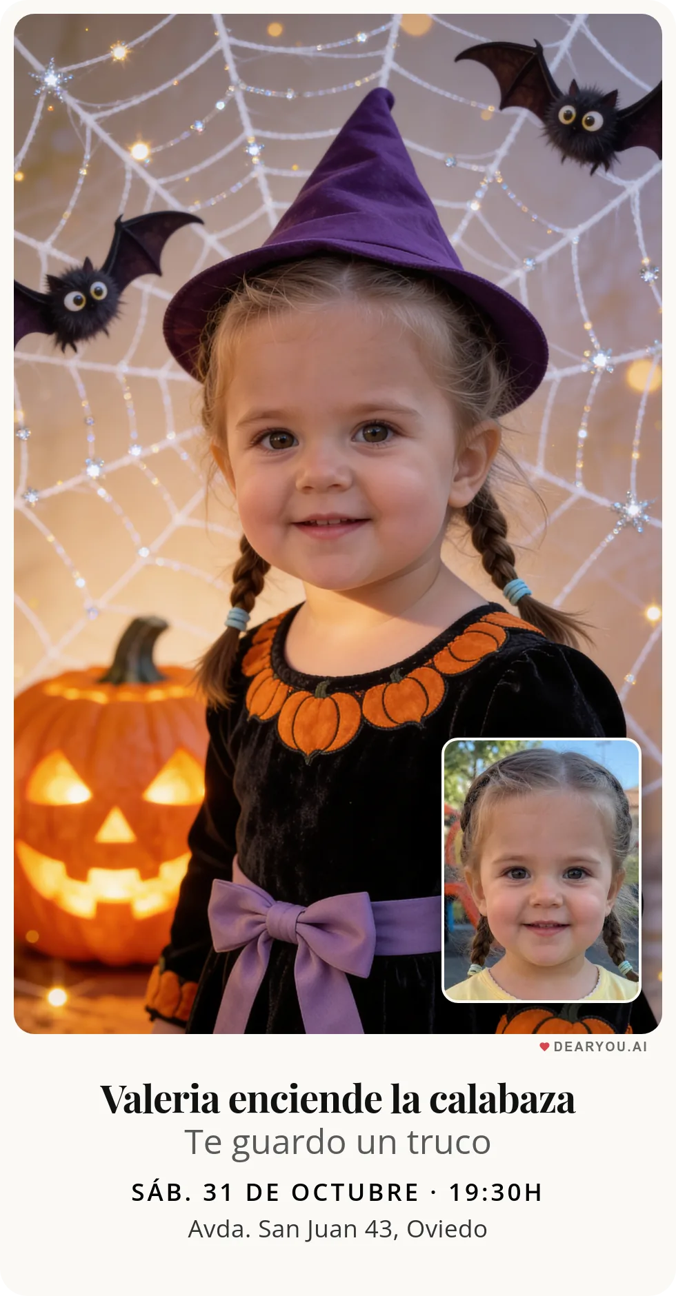 Invitación de cumpleaños infantil personalizada con nombre y edad, temática de halloween mágico con murciélagos buenos