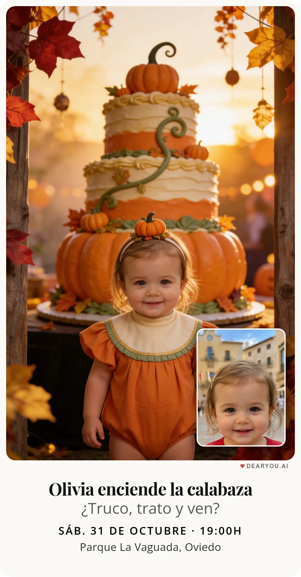Invitación de cumpleaños infantil personalizada con nombre y edad, temática de primer cumpleaños con tarta de calabaza