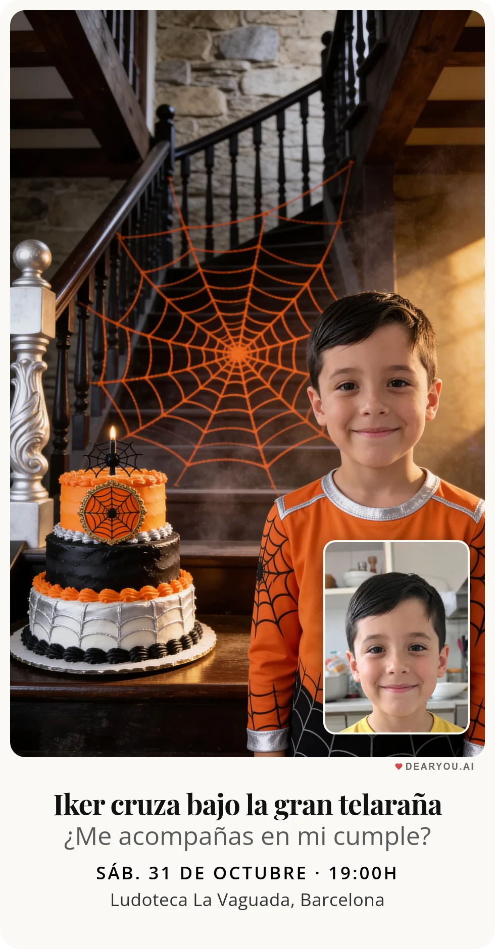 Invitación de cumpleaños infantil personalizada con nombre y edad, temática de gran telaraña naranja sobre la escalera