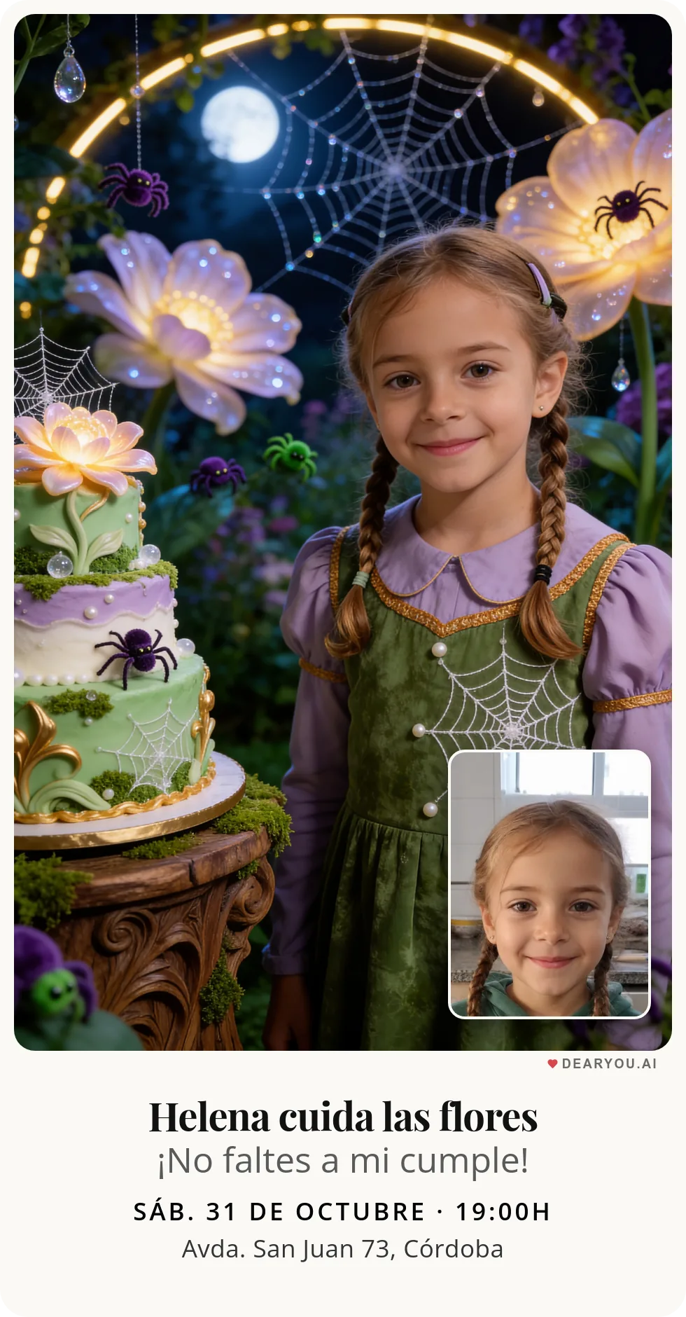Invitación de cumpleaños infantil personalizada con nombre y edad, temática de jardín de arañas amables