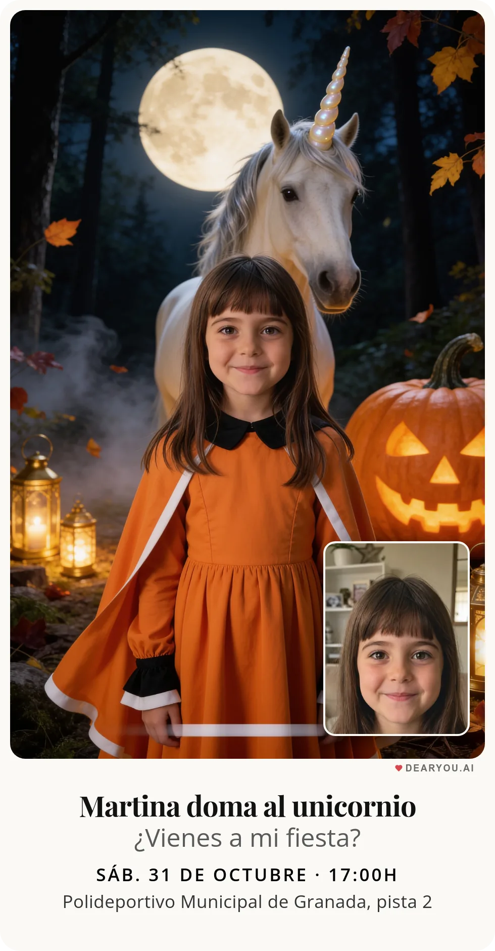 Invitación de cumpleaños infantil personalizada con nombre y edad, temática de domadora de unicornios en Halloween