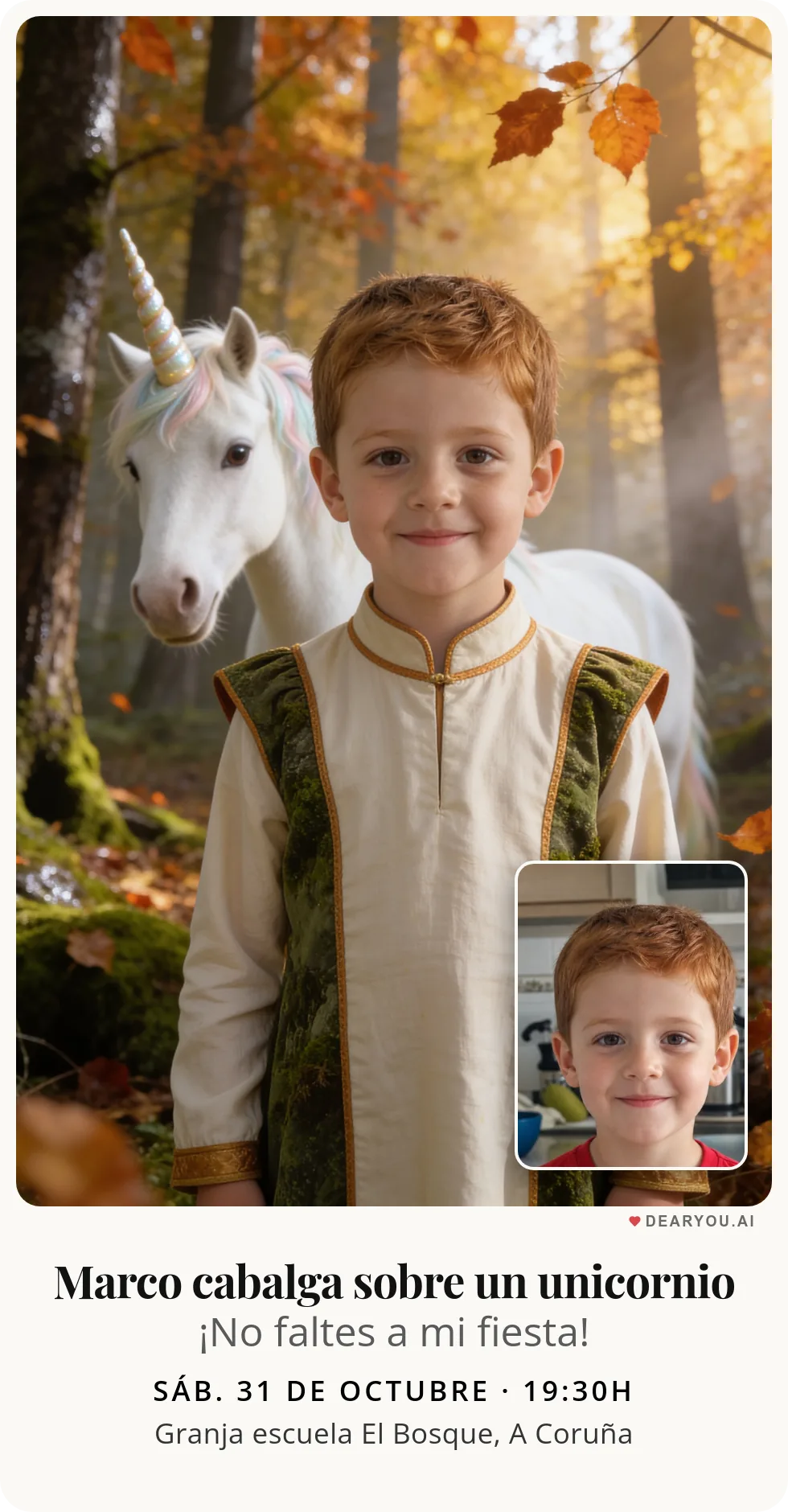 Invitación de cumpleaños infantil, temática de paseo en unicornio por el bosque de hojas naranjas