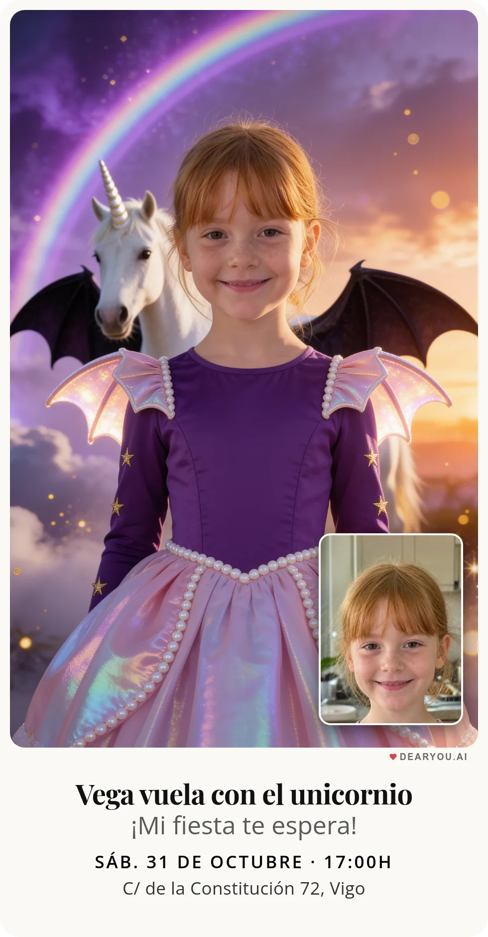 Invitación de cumpleaños infantil, temática de unicornio con alas de murciélago sobre un arcoíris morado