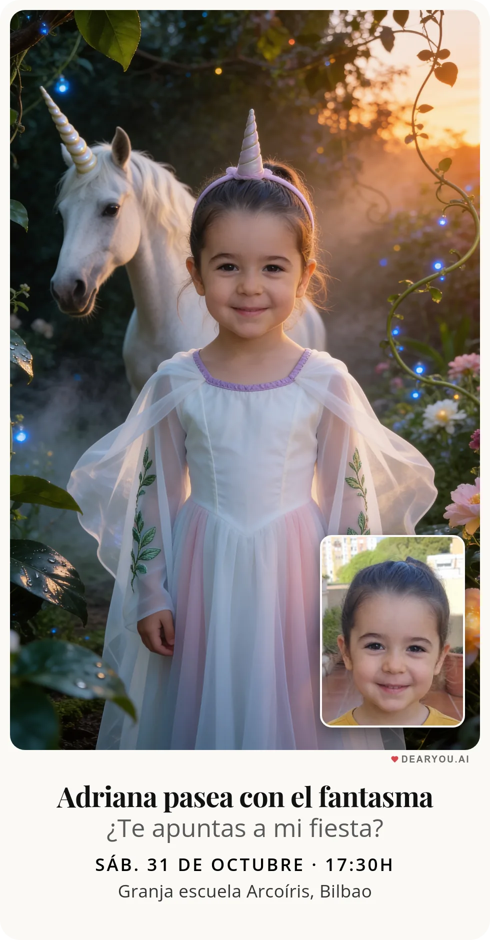 Invitación de cumpleaños infantil personalizada con nombre y edad, temática de unicornio disfrazado de fantasma en el jardín