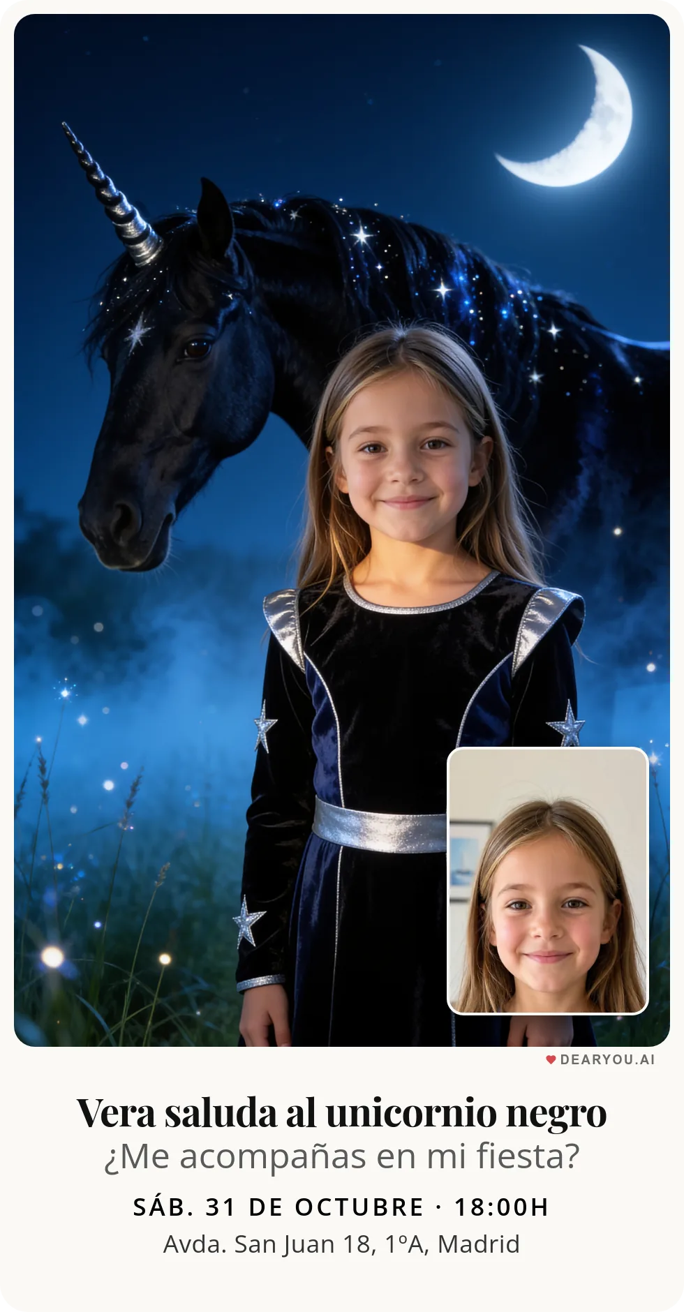 Invitación de cumpleaños infantil, temática de unicornio negro con crin de estrellas bajo la luna